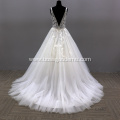 Puffy V Neck sexy Illusion Backless Sleeveless Wedding Gowns Dress Bridal